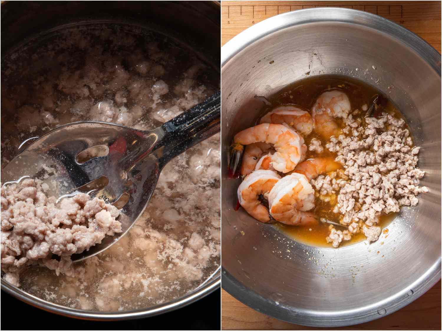 Simmering ground pork and adding to bowl with dressing and shrimp.