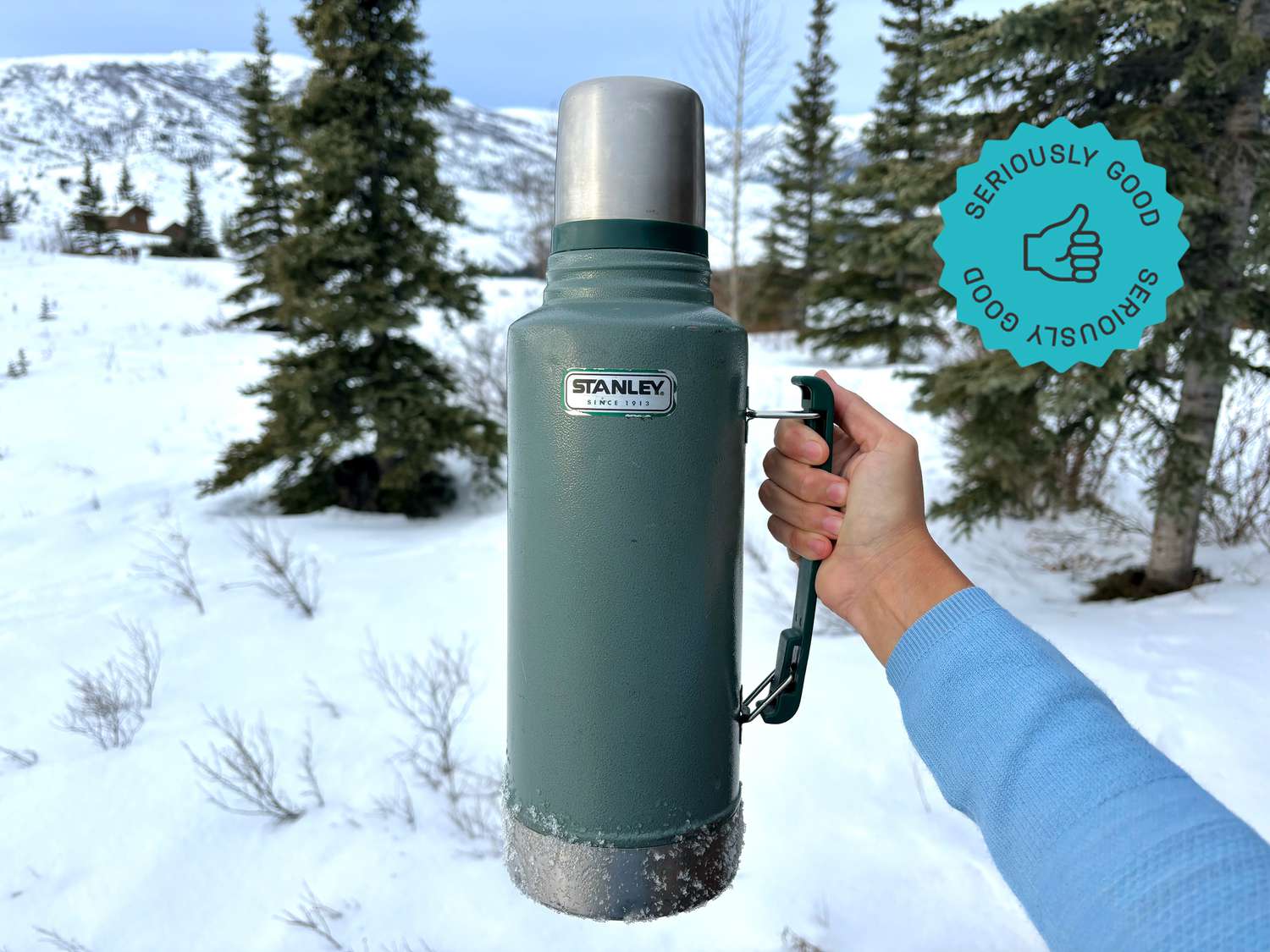 a person holding the stanley thermos in front of the alaskan wilderness