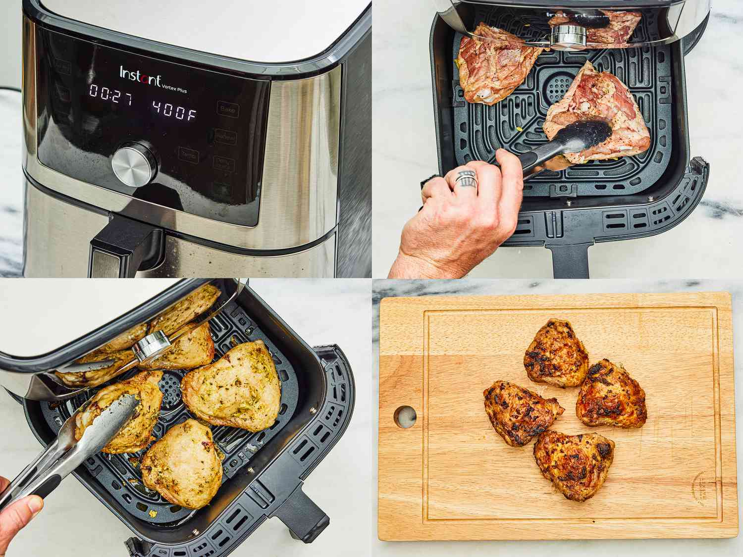 4 images: Setting air fryer temp; cooking chicken thighs; finished chicken on a cutting board