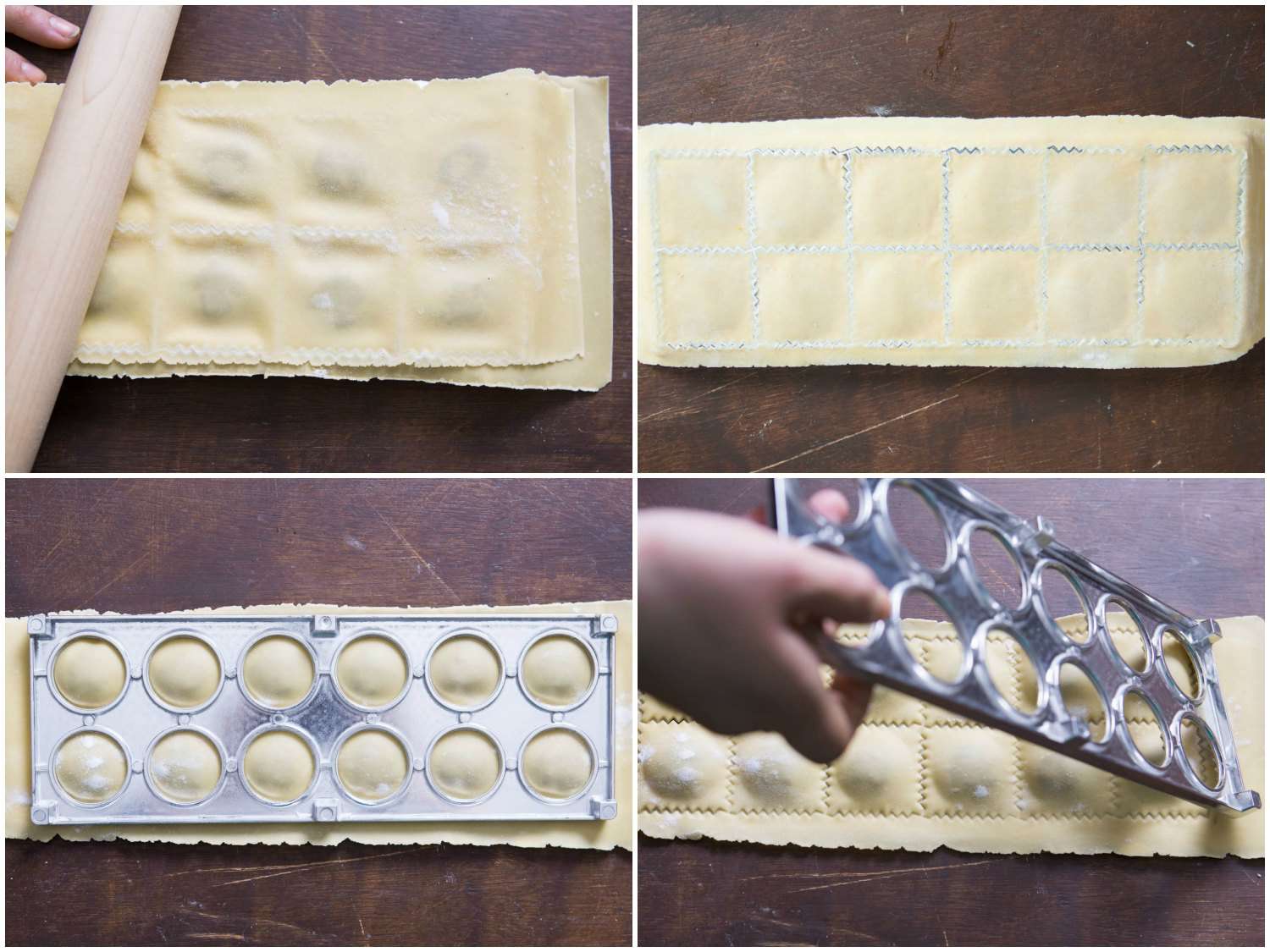 Ravioli being sealed up in a mold, then inverted onto a work surface. 