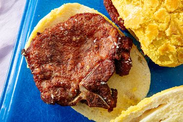 Overhead view of pork chop sandwich