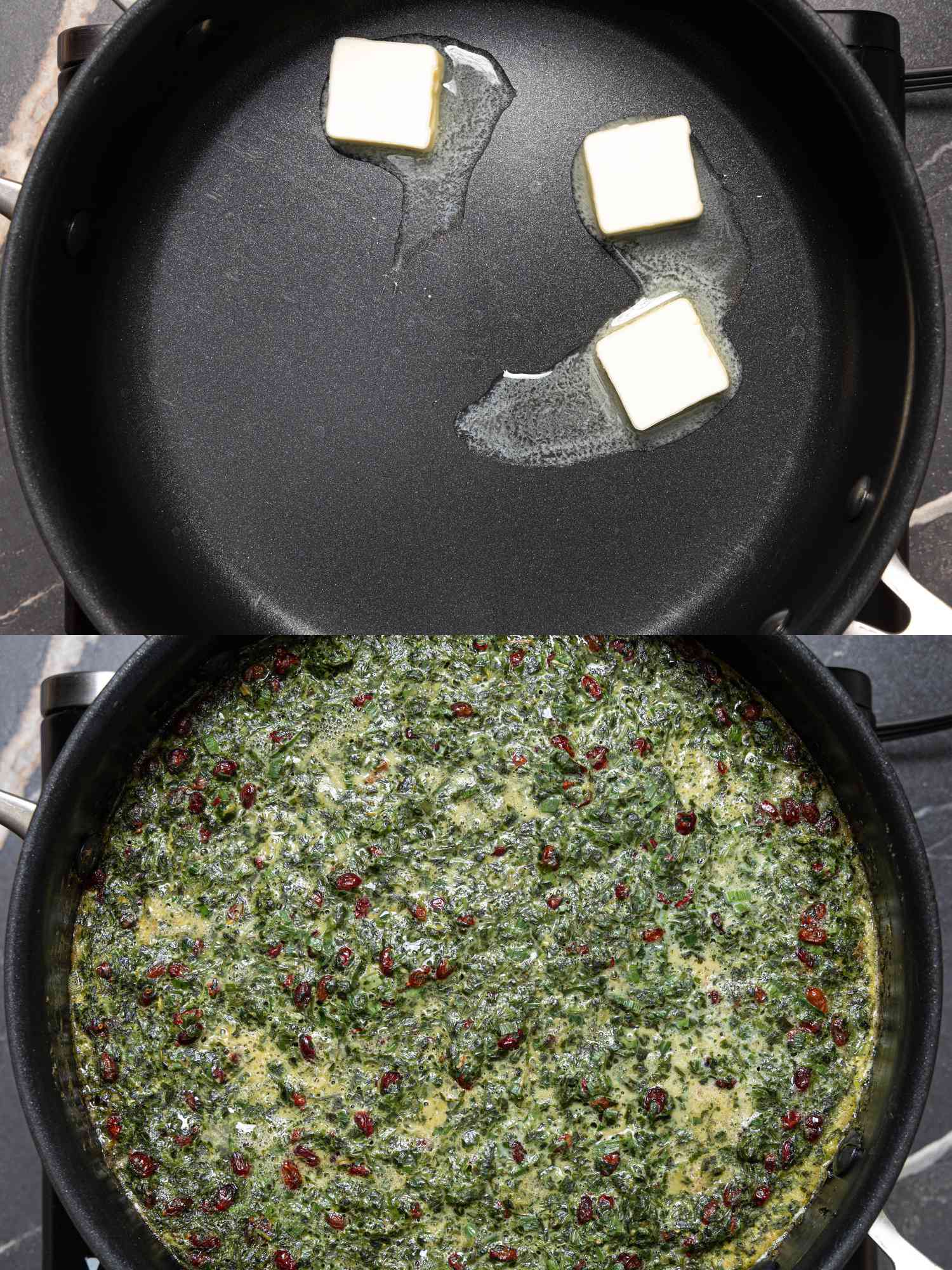 Two image collage. Top: Butter melting in skillet. Bottom: Herb and egg mixture in skillet 
