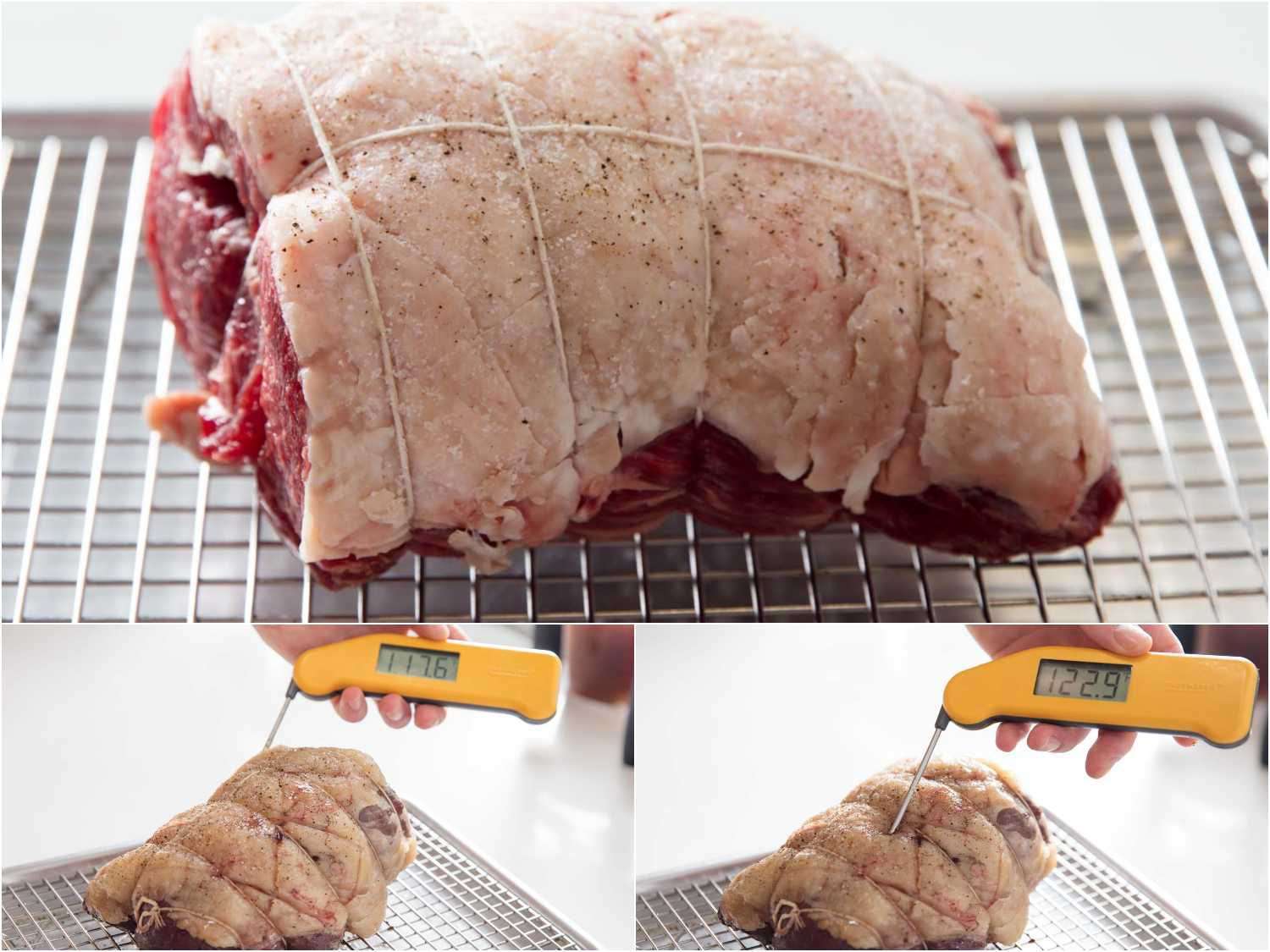 Process shots of trussed tri-tip roast and checking internal temperature with instant read thermometer.