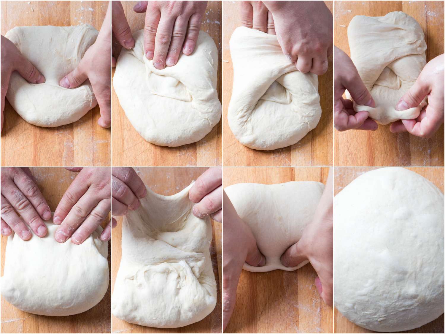An eight-image collage. The top left image shows the dough being folded from the top on to itself at the bottom. The top left-middle image shows the dough being folded from the right to the left on to itself. The top right-middle image shows the dough being folded from the left to the right on to itself. The top right image shows the dough being folded from the bottom to the top on to itself. The bottom left image shows the dough being folded up and underneath the top of the dough. The bottom left-middle image show the dough flipped upside down and then the top of the dough being folded up and over itself toward the bottom. The bottom right-middle image shows the dough being turned seam-side down. The bottom right image shows the dough resting on the work surface.