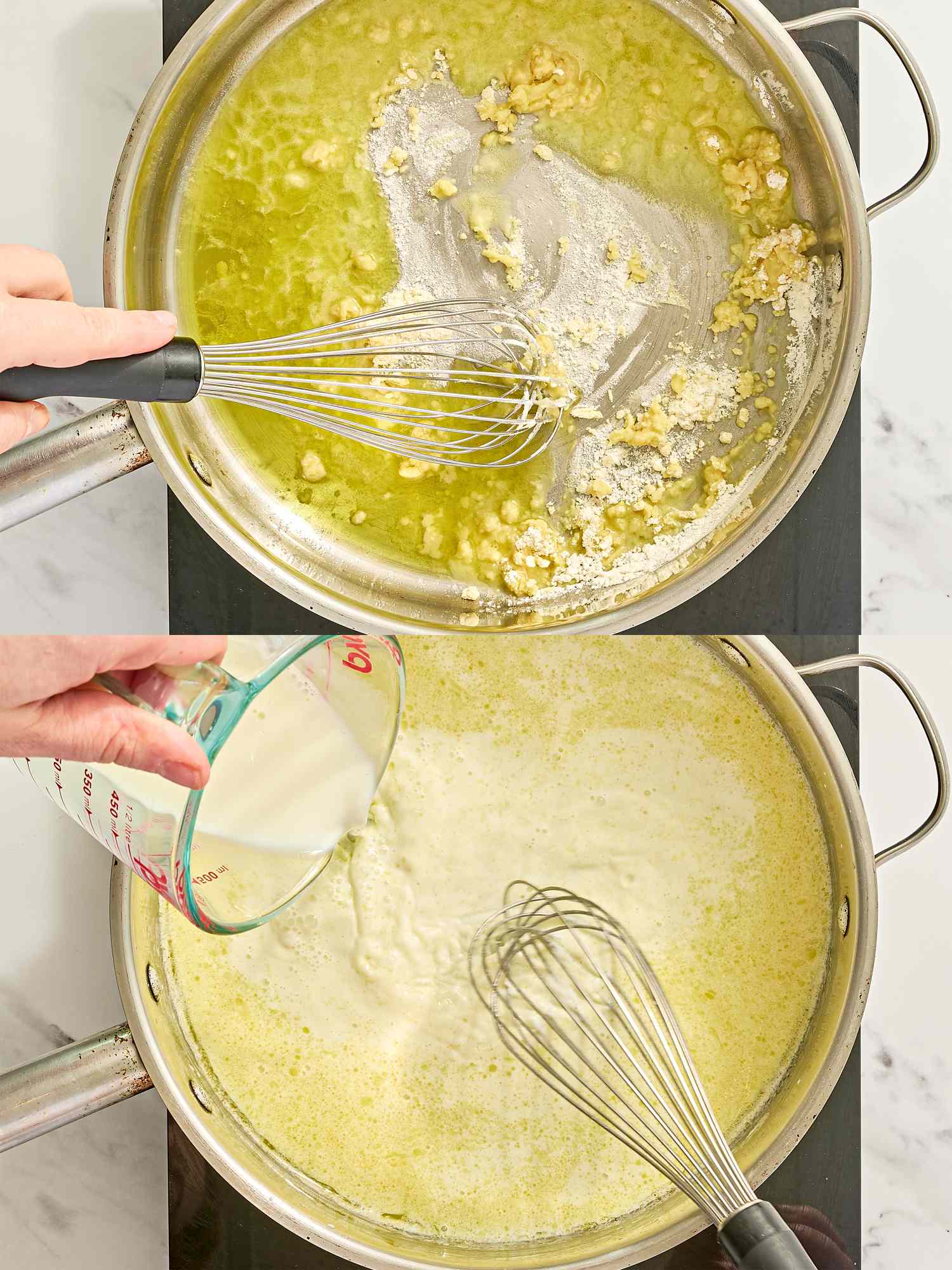 Two stages of making a sauce in a pan first garlic and butter being whisked then milk being poured into the mixture