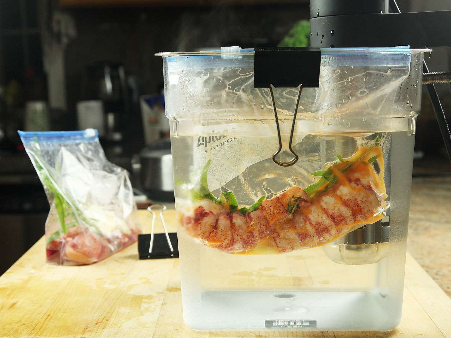 Profile view of the bagged lobster tail being cooked with an immersion circulator in a clear Cambro storage container.