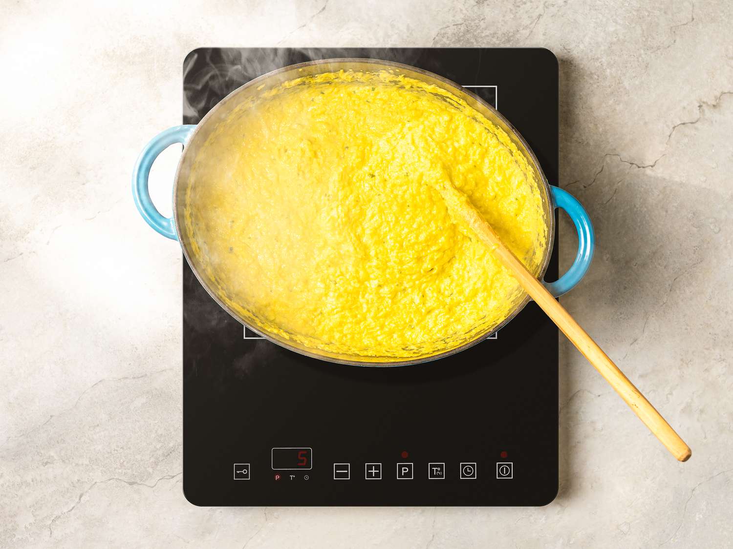 Puree thickened and cooked through after about 15-20 minutes in a large pot