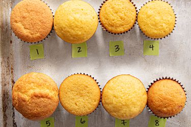 Overhead view of yellow cake mix taste test