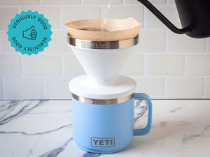 Water being poured from a gooseneck kettle the Yeti pour-over.