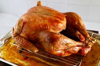 A whole roasted turkey on a rack in a baking pan