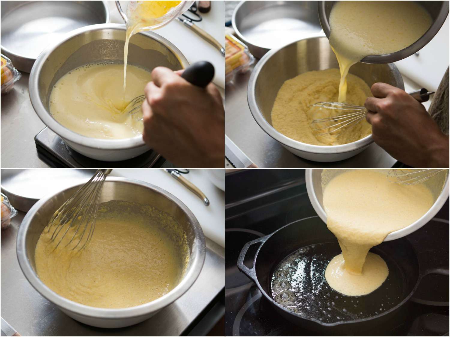 A collage of whisking ingredients for cornbread and transferring the batter to a cast iron skillet. 