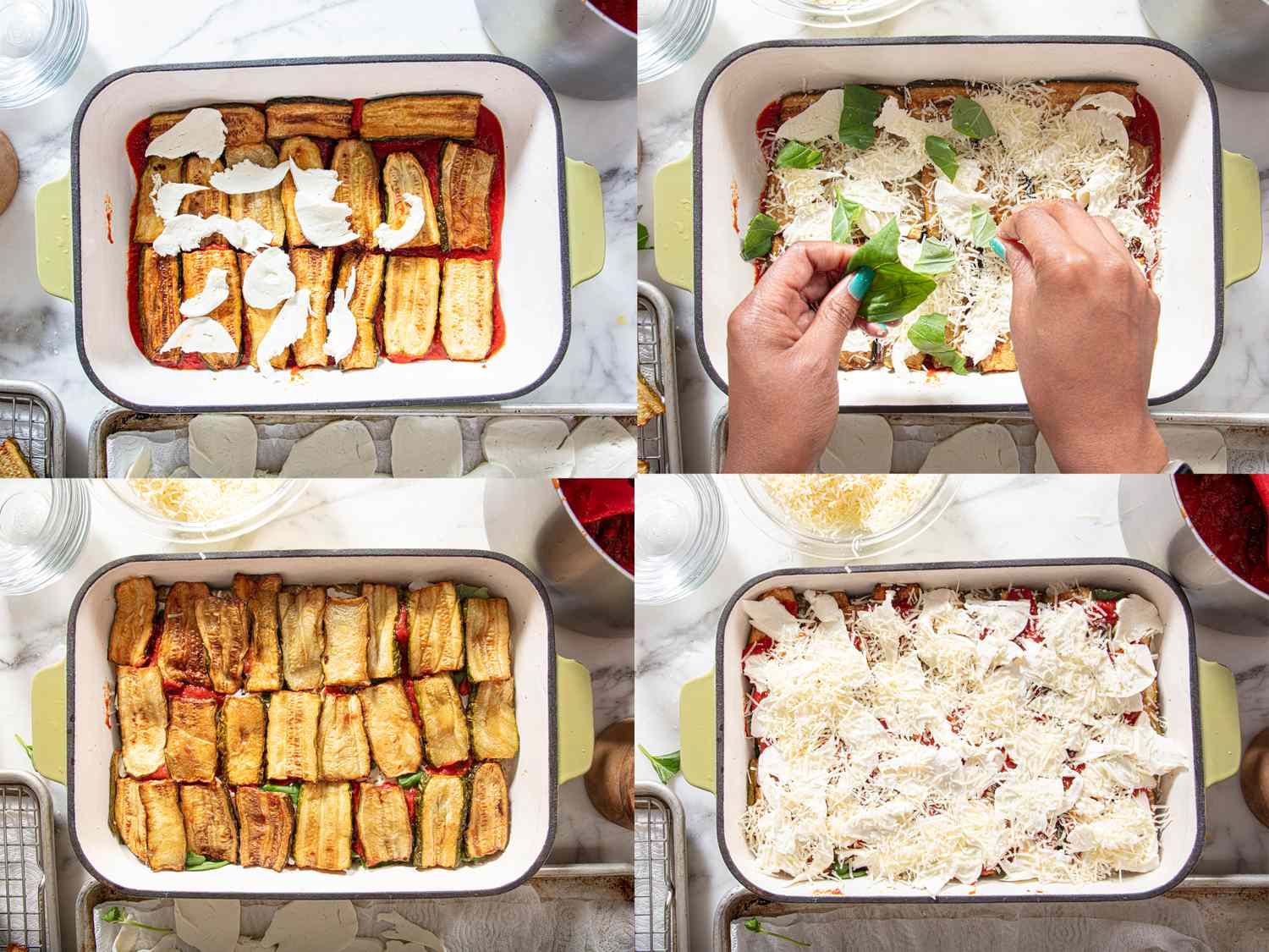 Series of steps assembling zucchini parmesan in a baking dish