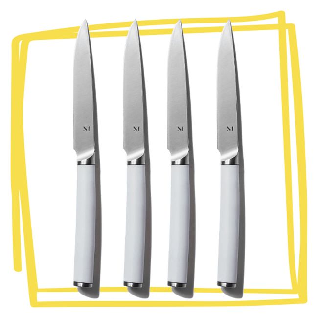 Four steak knives arranged vertically in a row set against a yellow outlined background