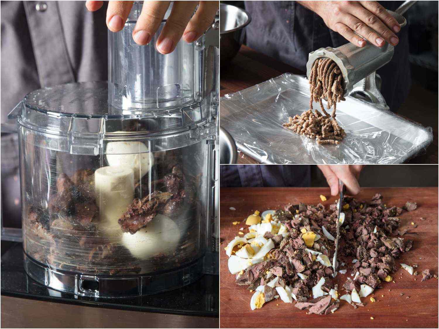 A 3-image collage: testing mincing methods for chopped liver: food processor, grinder, and hand chopping.