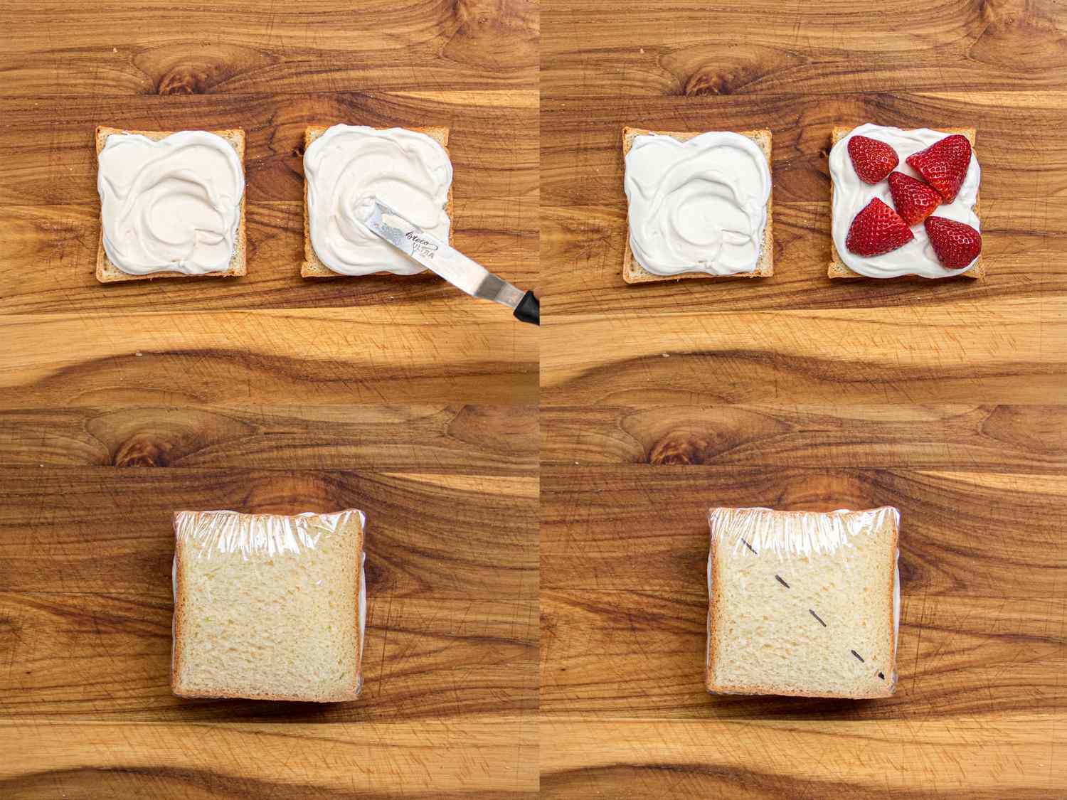 Four image collage of assembling and wrapping sandwich