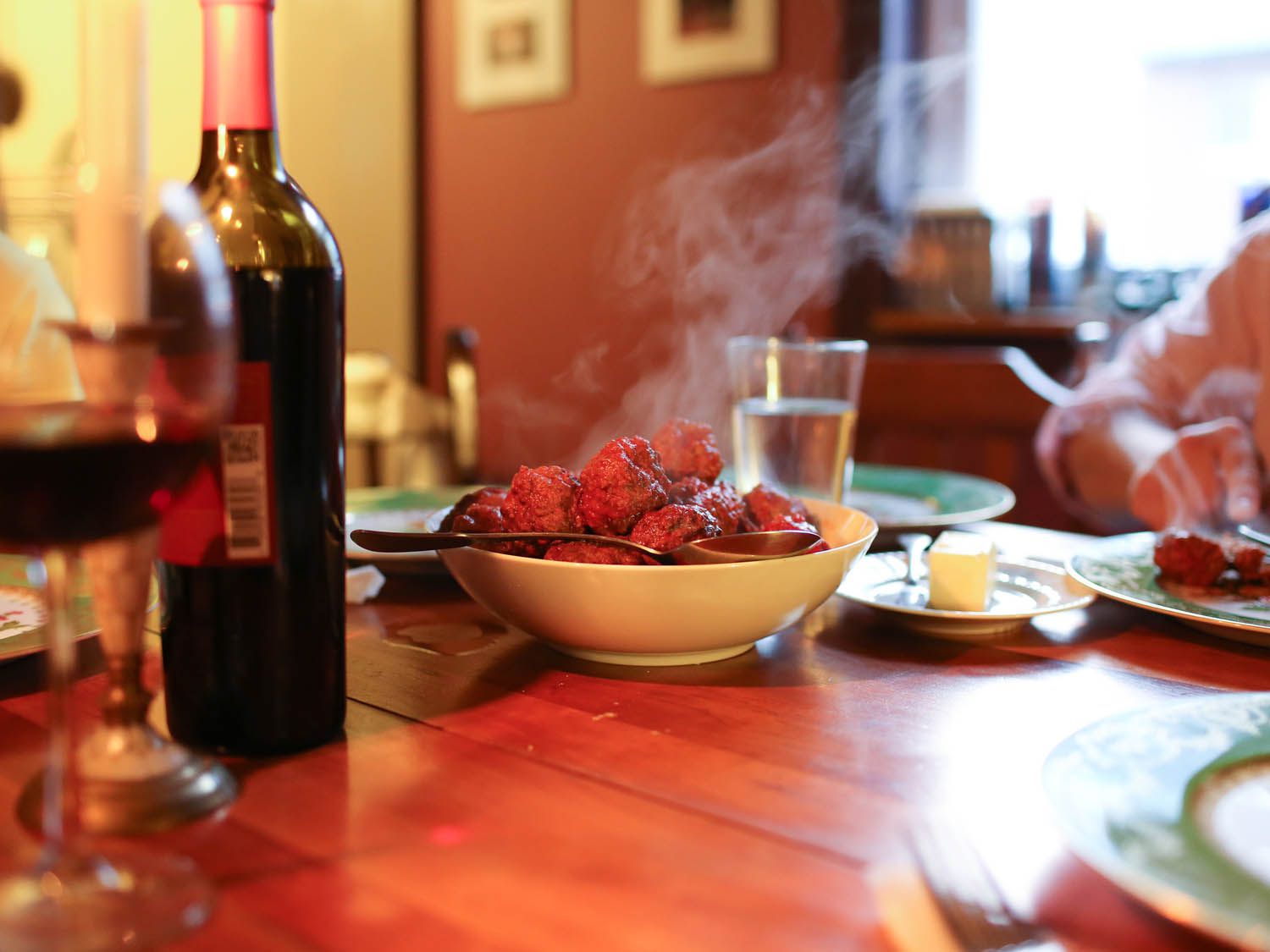 A serving bowl piled high with super-simple Friday night meatballs.