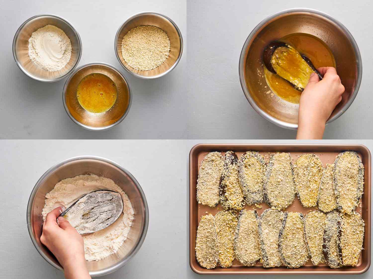 Flour, eggs, and breadcrumbs in bowls, with eggplant dredged in flour and more eggplant coated in breadcrumbs