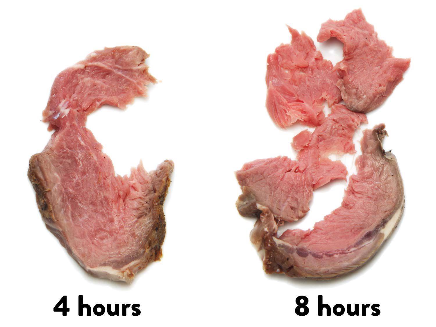 Comparison shot of lamb rack cooked four hours sous vide versus lamb rack cooked eight hours sous vide