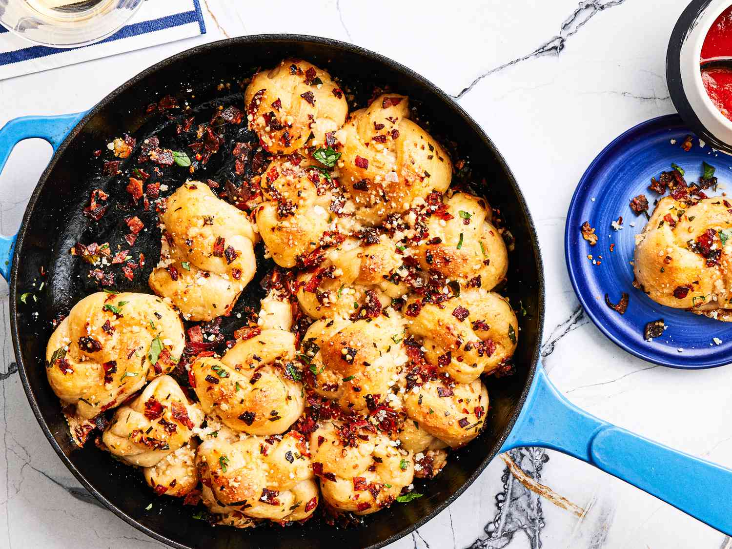 Overhead view of easy pull apart garlic knots