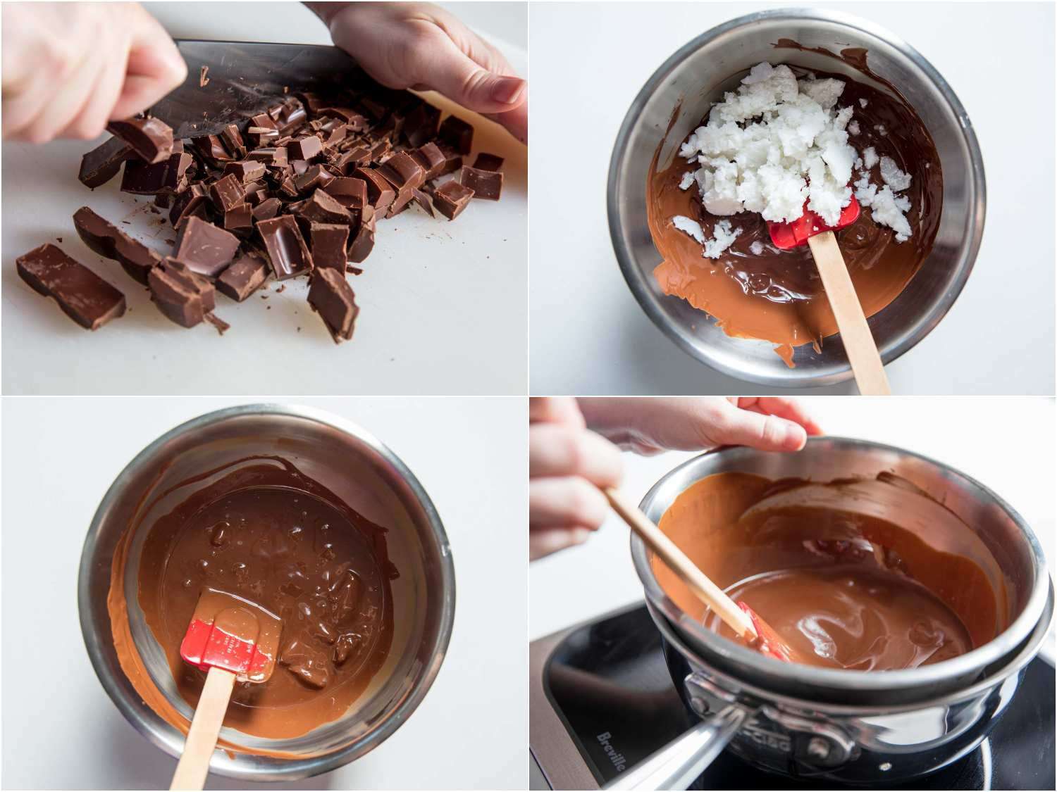A four-image collage of preparing the milk chocolate coating for homemade Klondike Bars: cutting the chocolate into pieces, adding solid coconut oil to the bowl containing melted chocolate, combining with a spatula, and heating the mixture on a double boiler.
