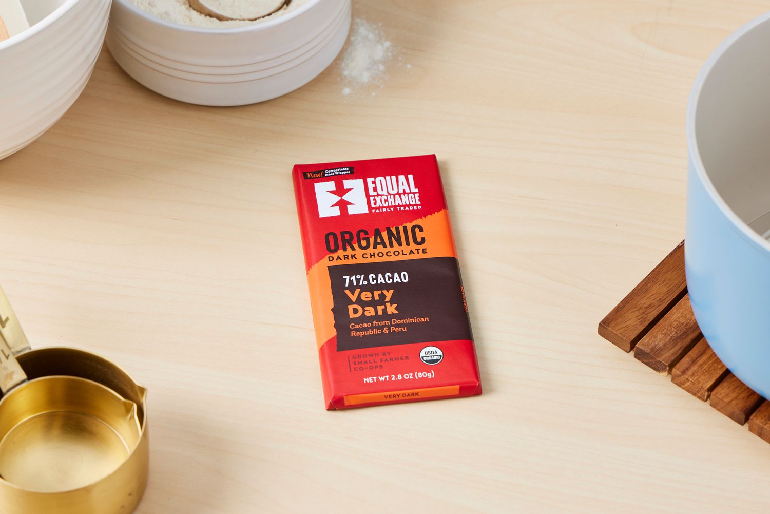 An Equal Exchange chocolate bar on a kitchen countertop.