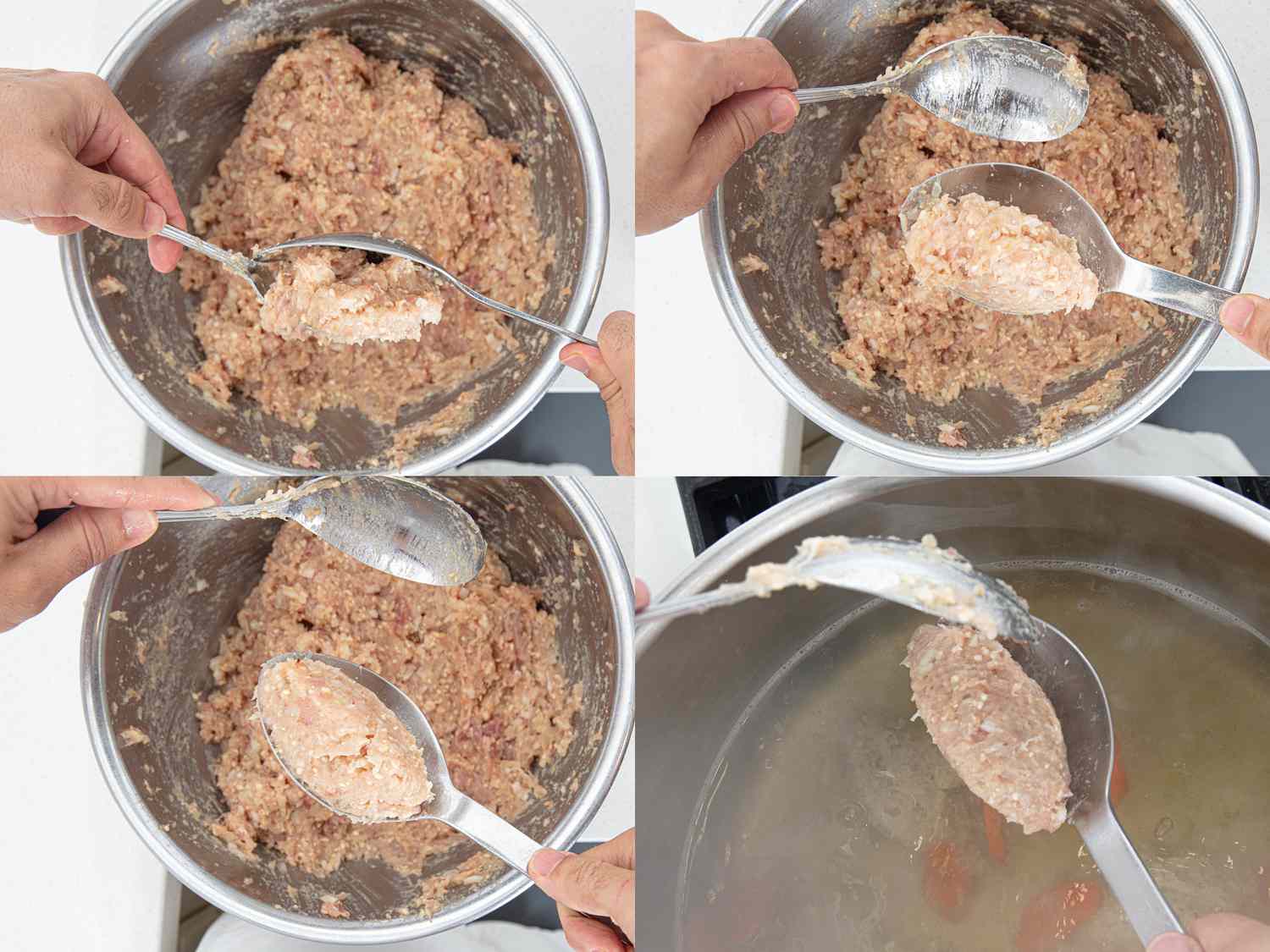 Four image collage of gefilte fish balls