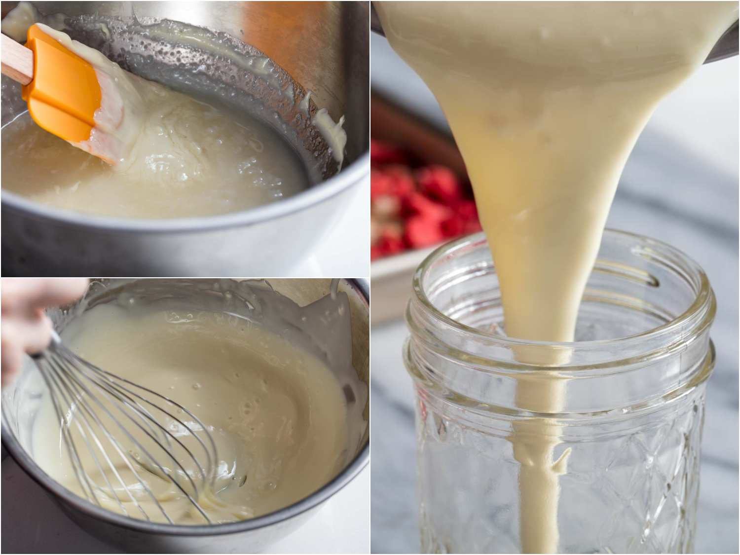 A three-image collage. The top left image shows a spatula swiping across the surface of melting white chocolate. The bottom left image shows whisking the mixture with a whisk. The right image shows transferring the coating to a jar. 
