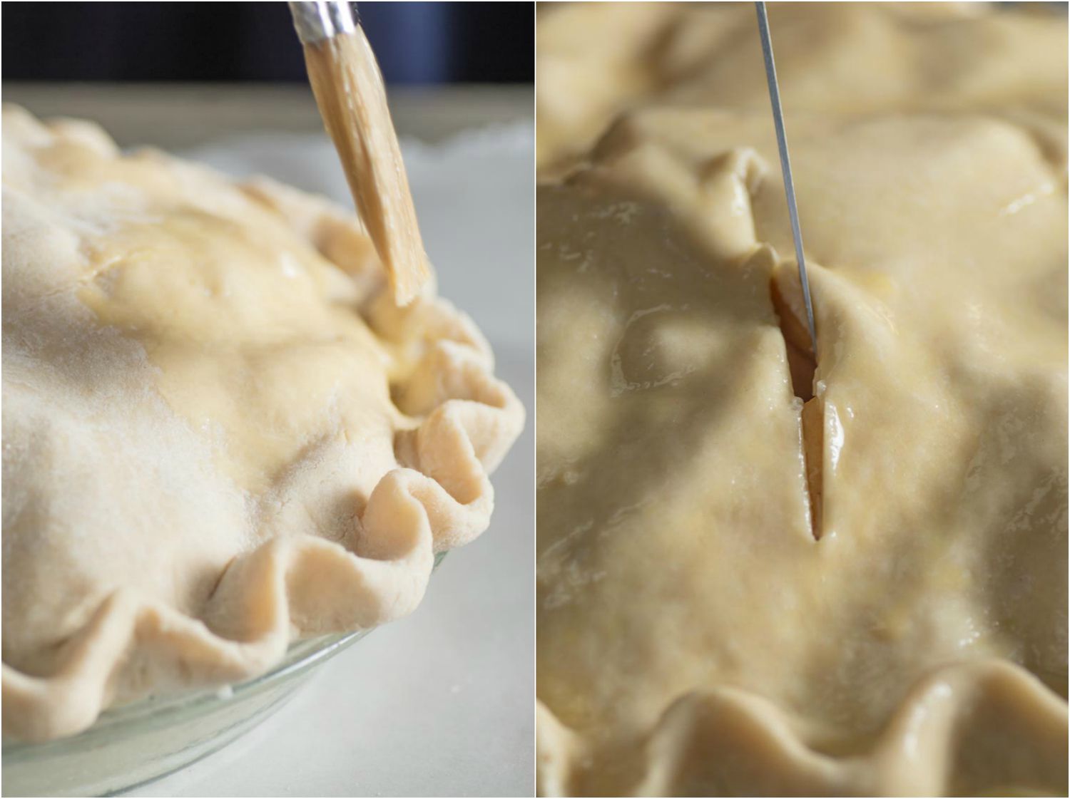 A collage: brushing egg wash onto apple pie crust and making slits on the top surface. 