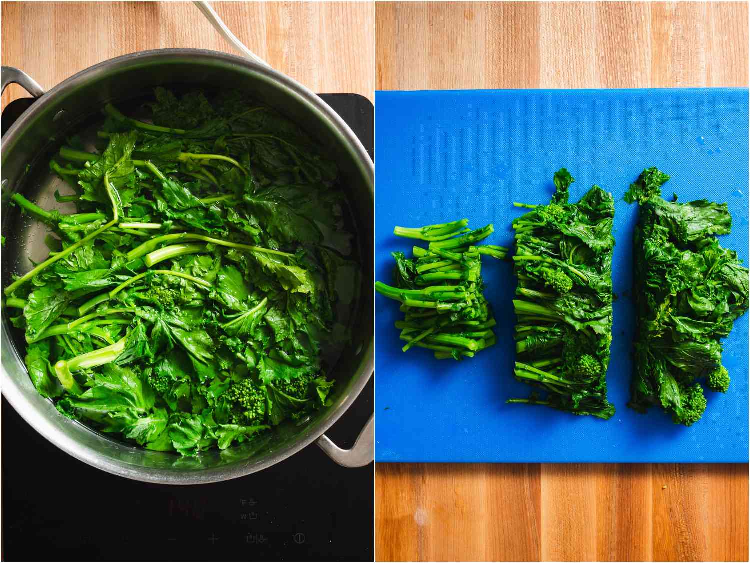 Blanching broccoli rabe and cutting it into 2- to 3-inch pieces.