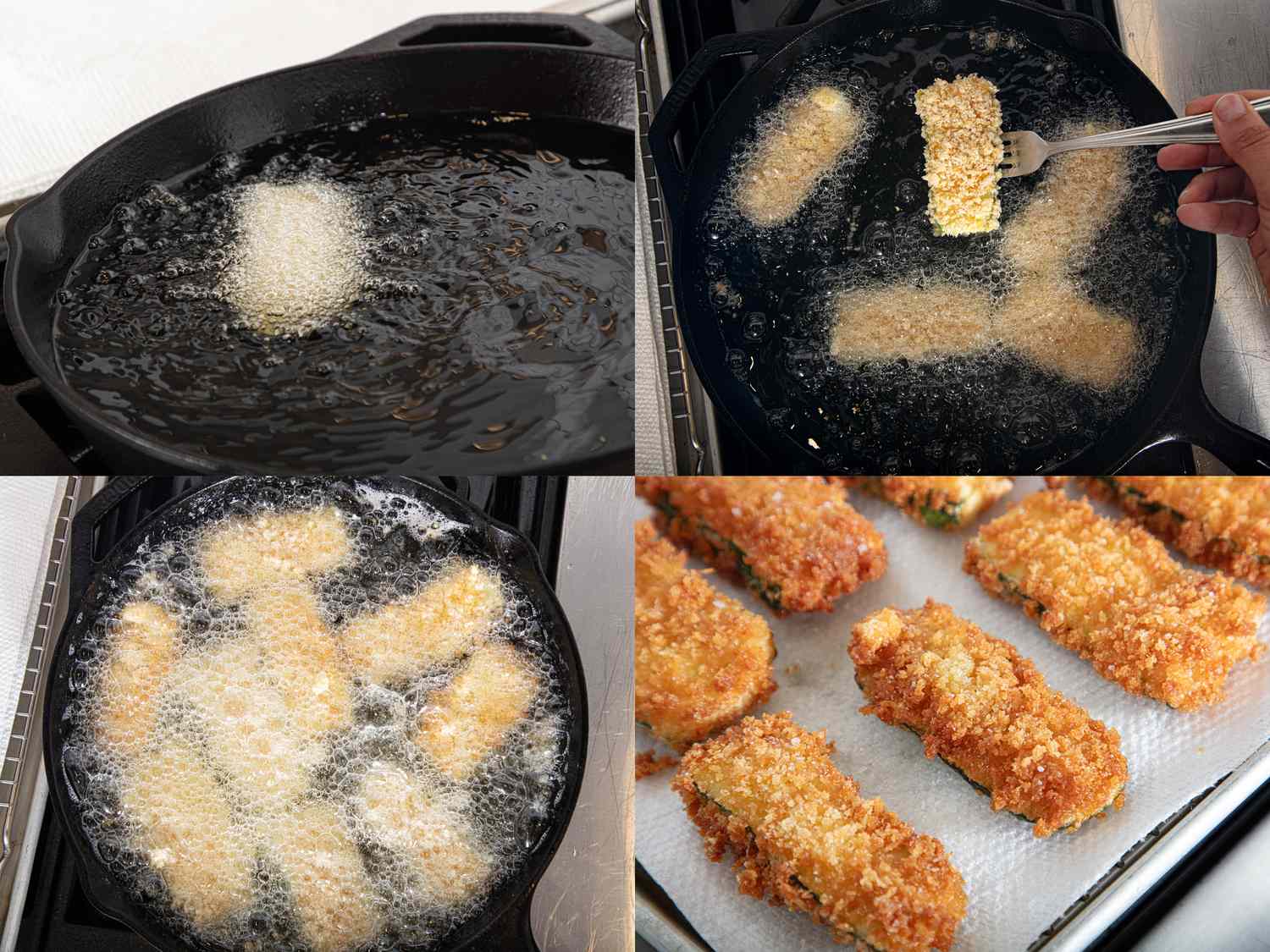Steps of frying zucchini in a pan with the final result showing crispy zucchini sticks on paper towels