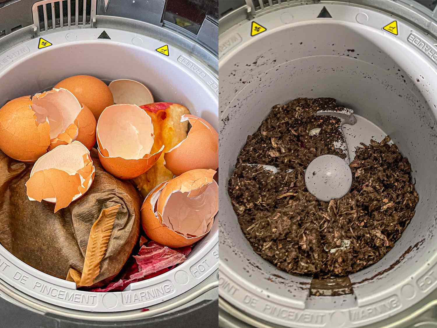 A before and after composite image of food scraps in the Vitamix FoodCycler