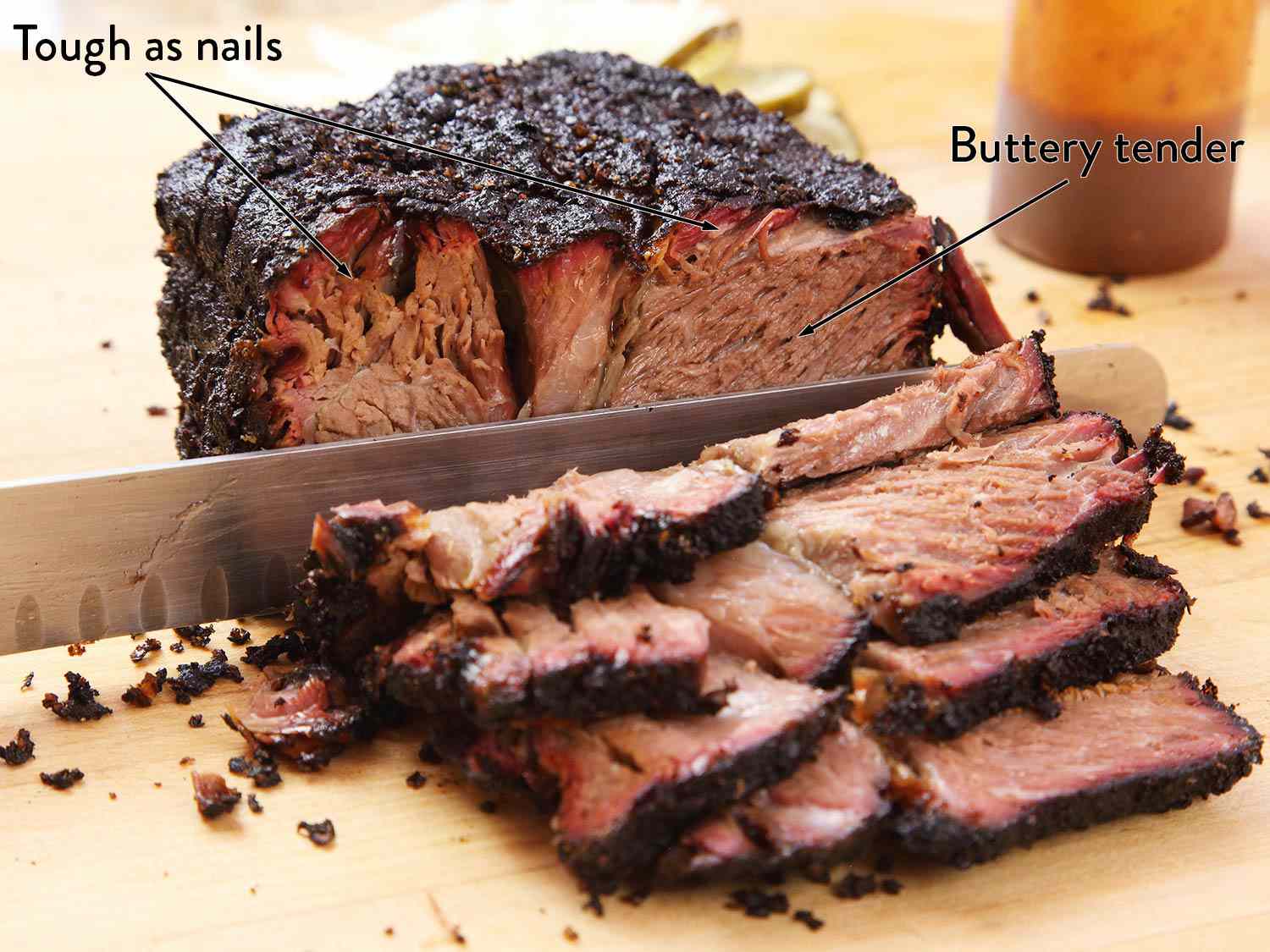 A barbecued chuck roast cut into slices. The interior of the chuck is labeled "butter tender" and the outer portion is labeled "tough as nails."