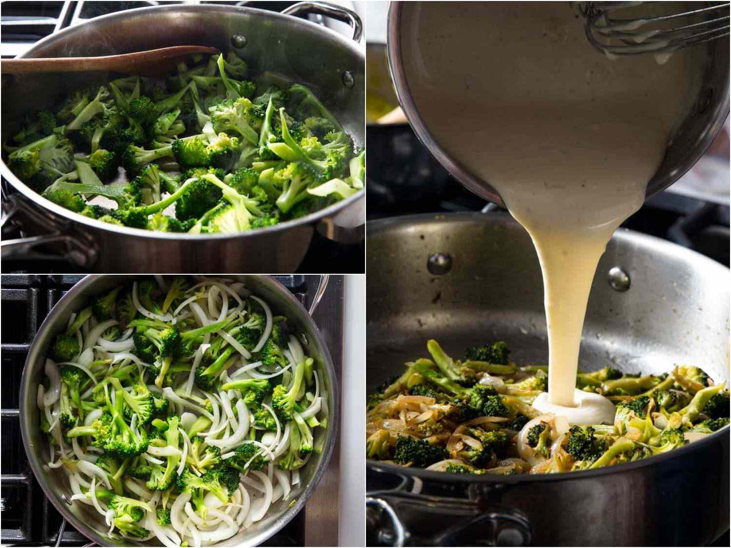 Cooking broccoli and onion, then adding a cheese sauce, for a savory galette