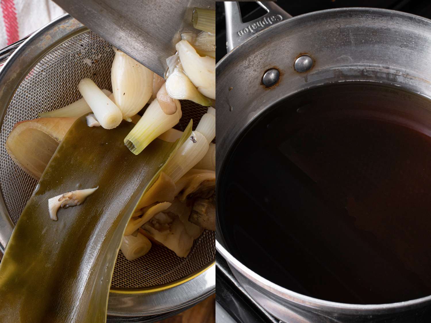 A two-image collage. The left image shows cooked vegetables and kombu being strained through a conical strainer. The right image shows the now-strained broth in a stainless steel pan.