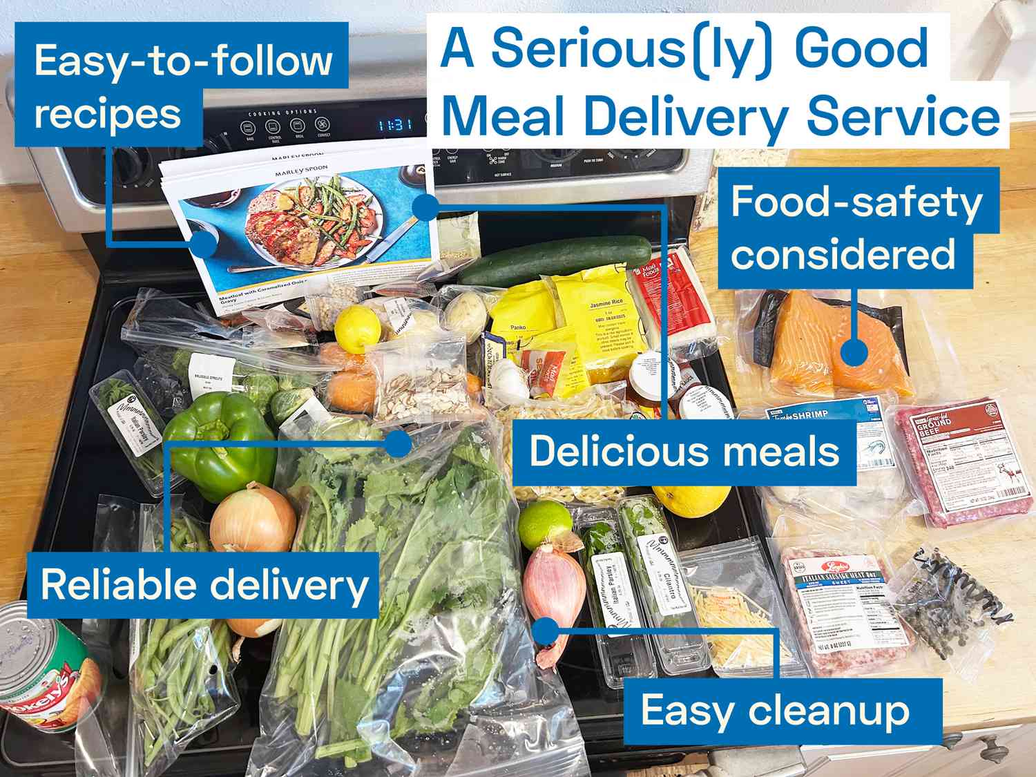 a countertop with all the contents of a meal delivery service kit