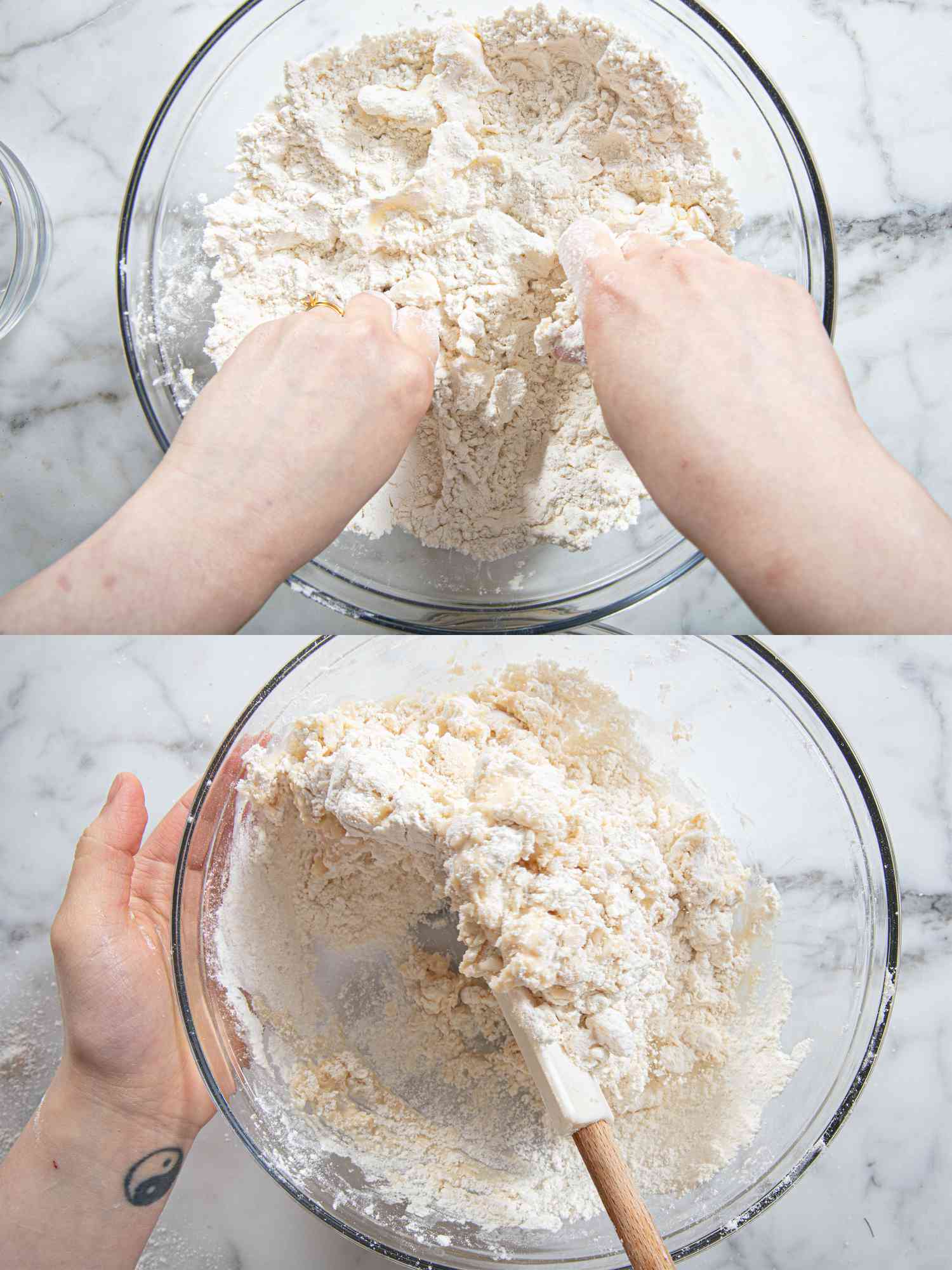 Two image collage of breaking up butter and using a spatula to mix in butter