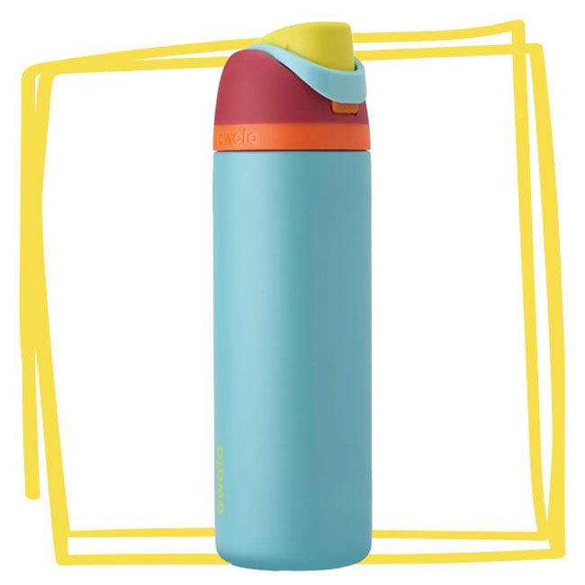 Owala water bottle against a white background with yellow lines