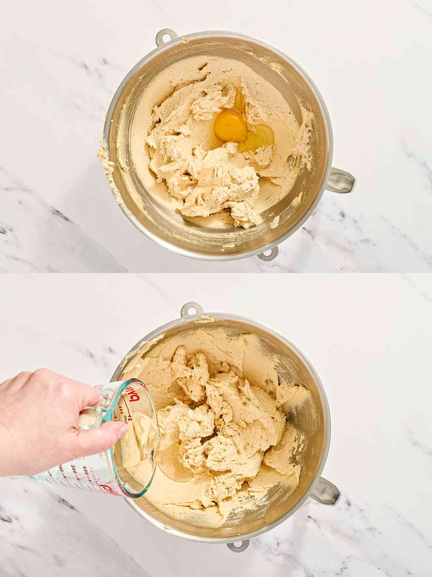 Adding egg and cream to a mixing bowl with butter cake batter
