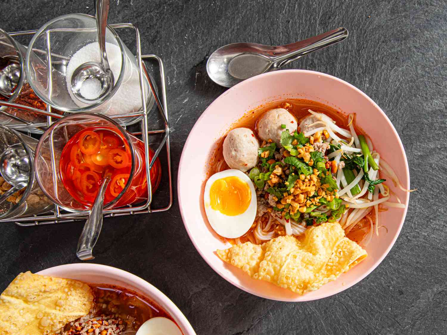 Overhead view of a bowl of Tom Yam