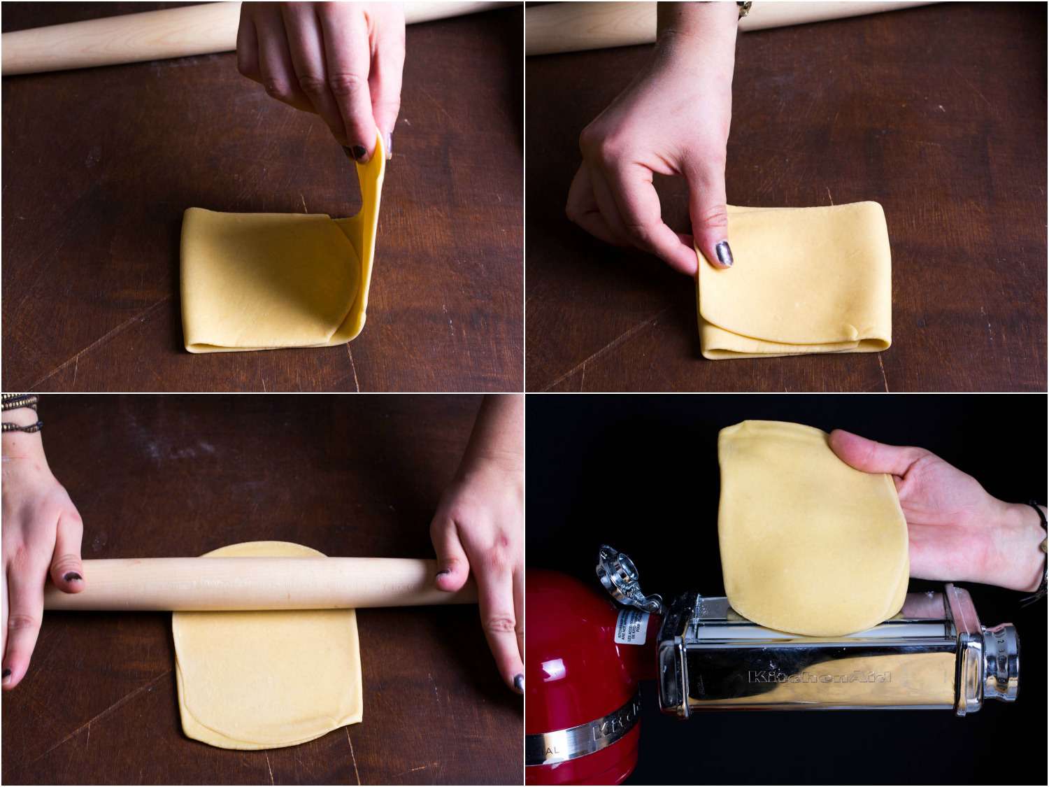 Collage of photos demonstrating two-fold laminating process for pasta dough