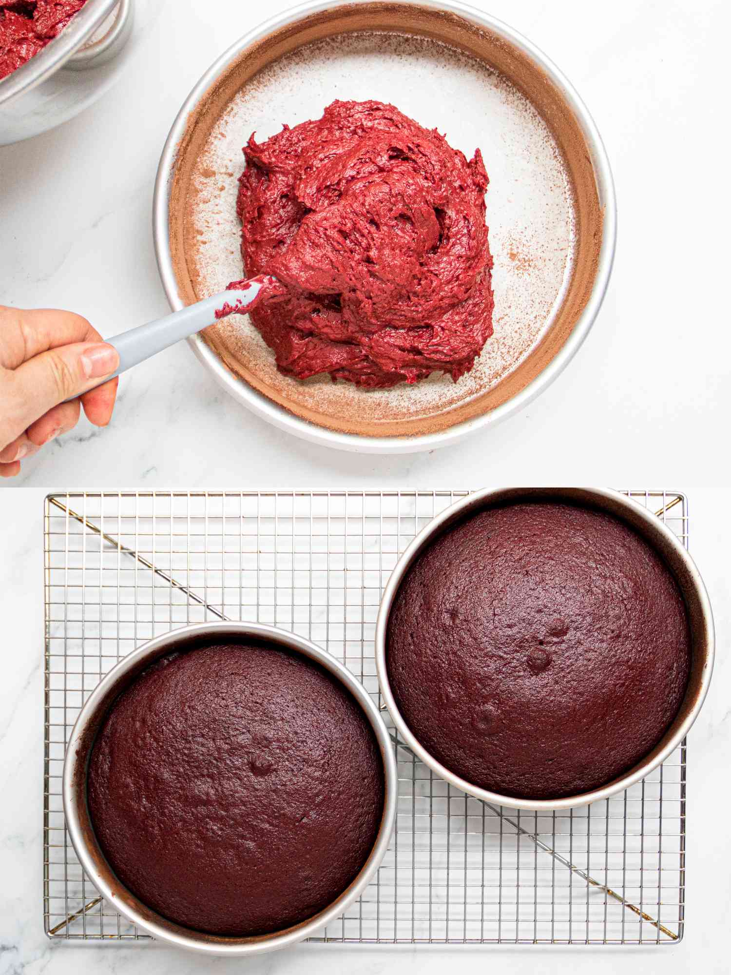 Two image collage of adding cake batter to pan and overhead view of cooked cakes