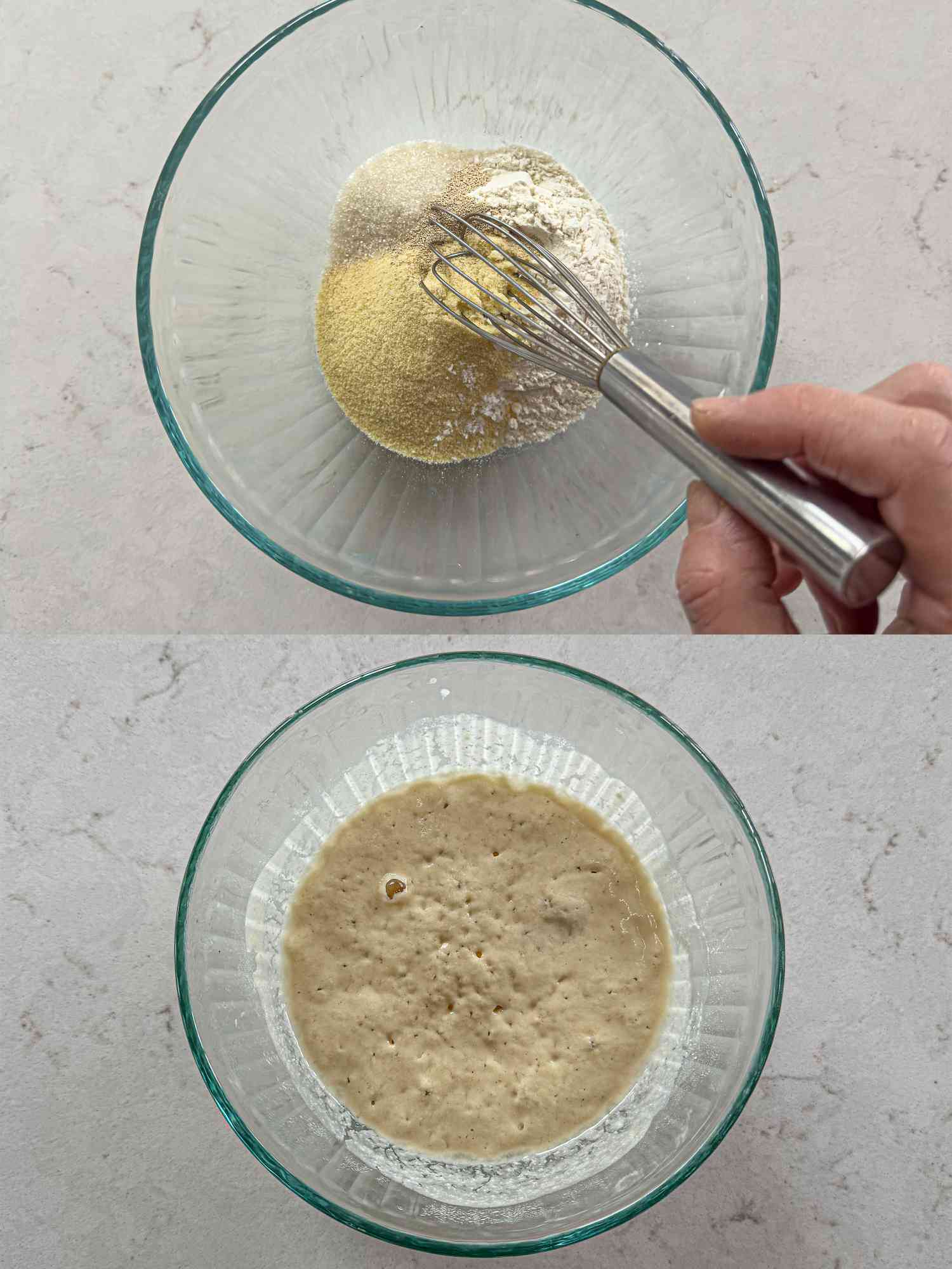 Two image collage of making batter