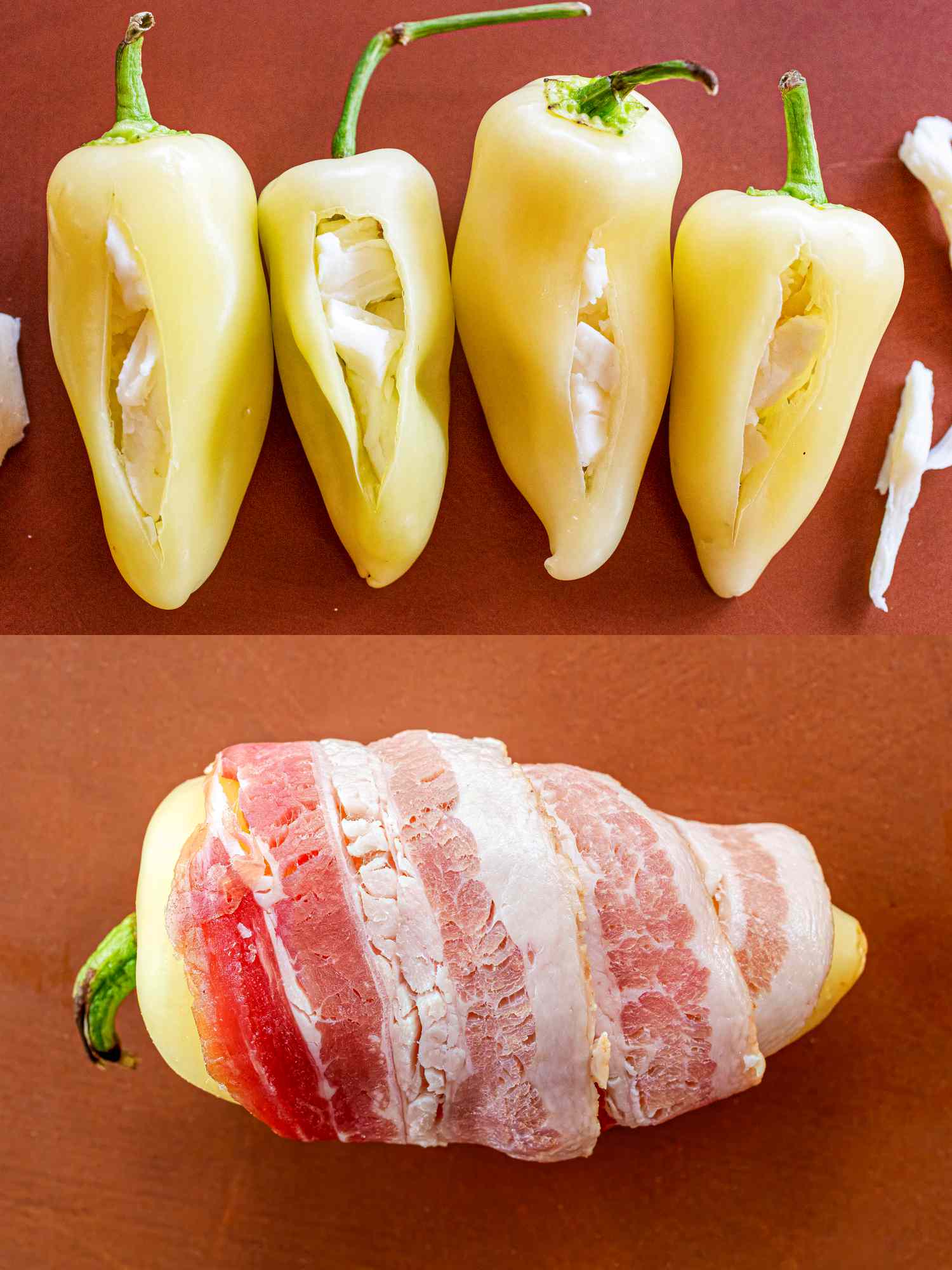 Two image collage of peppers stuffed and wrapped in bacon