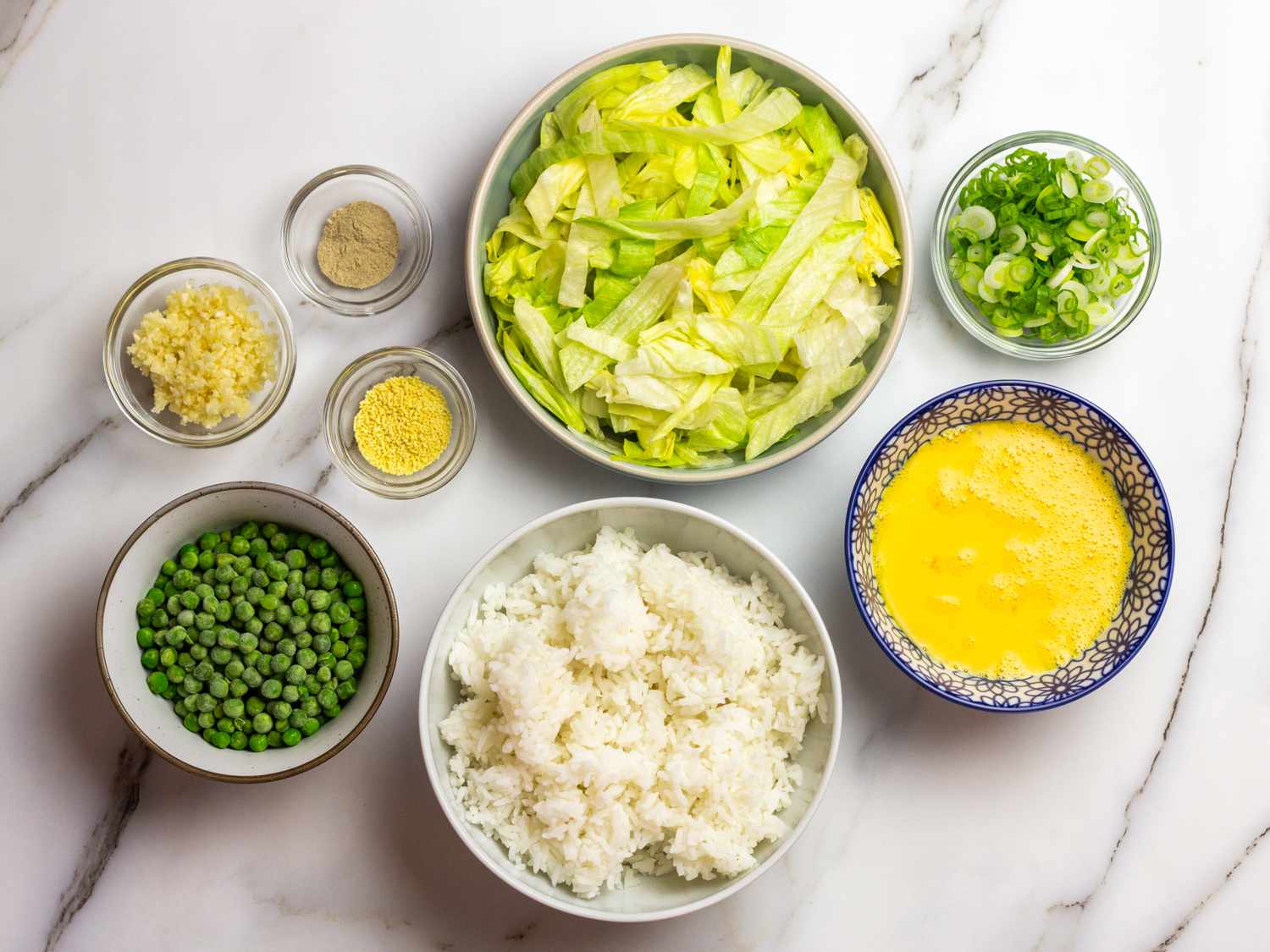 ingredients for shrimp fried rice flat lay