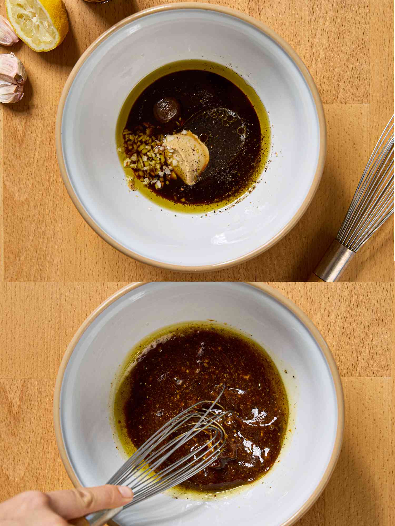 A two-step process of whisking ingredients in a bowl, creating marinade for a dish