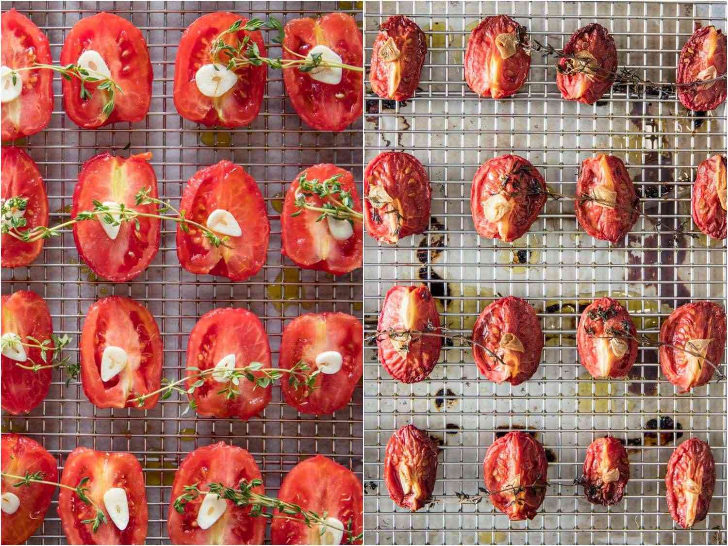 Before and after collage of oven-roasted tomatoes