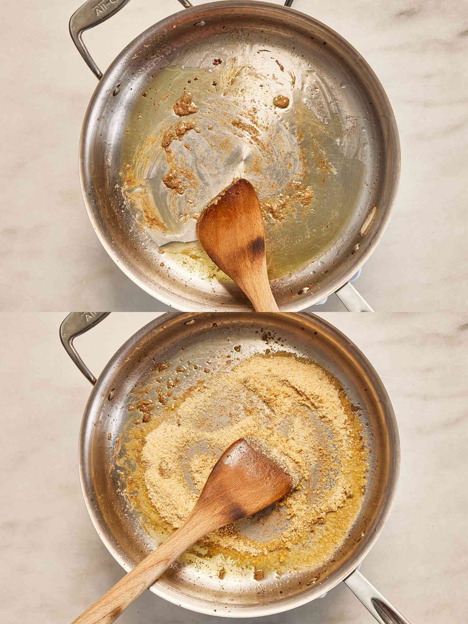 Two image collage of toasting anchovy paste and breadcrumbs