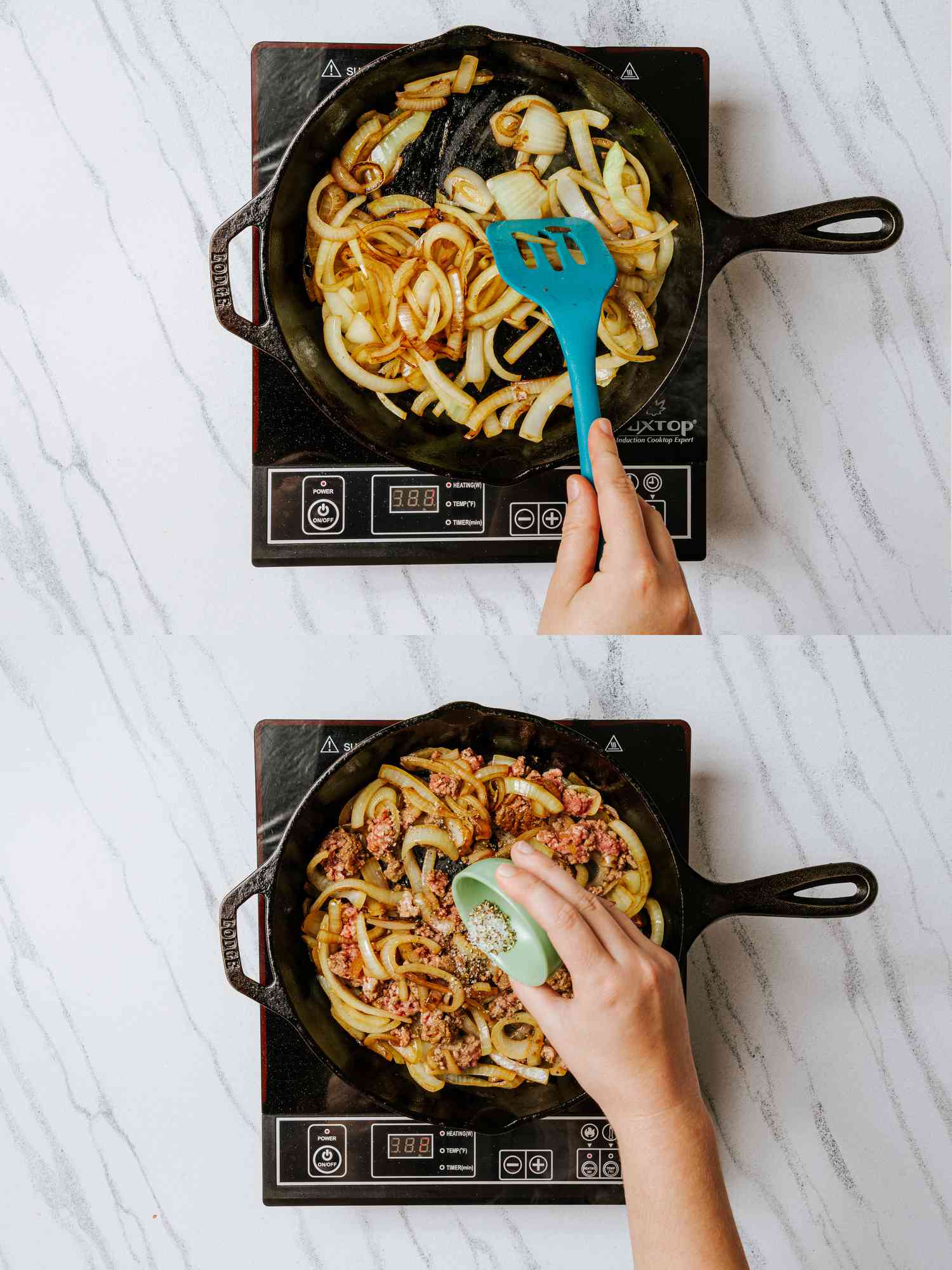 Overhead view of cooking onions and beef