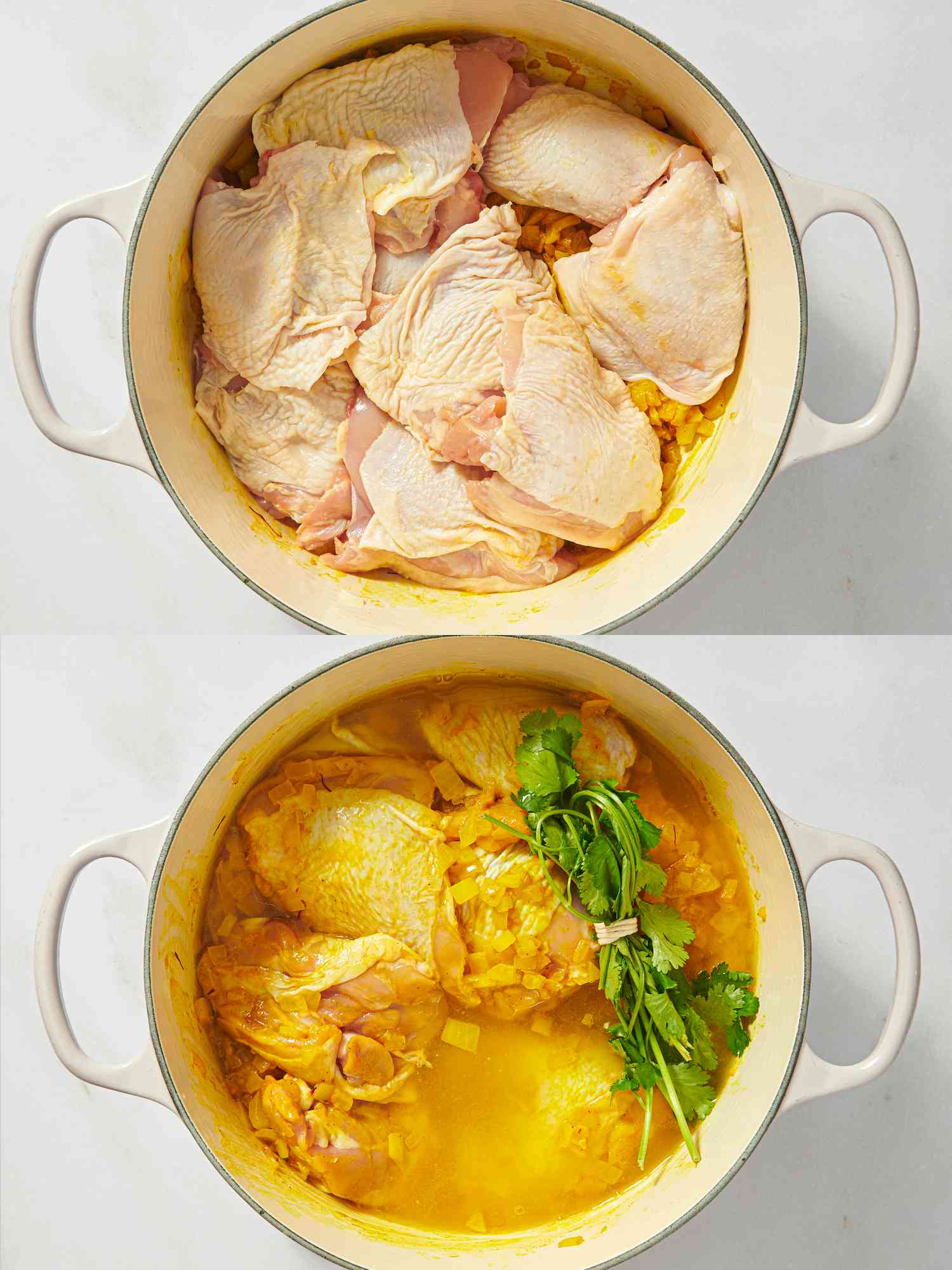 2 image collage. Top: chicken thighs placed on top of spiced onions in dutch oven . Bottom: chicken with broth and bouquet of cilantro in pot 