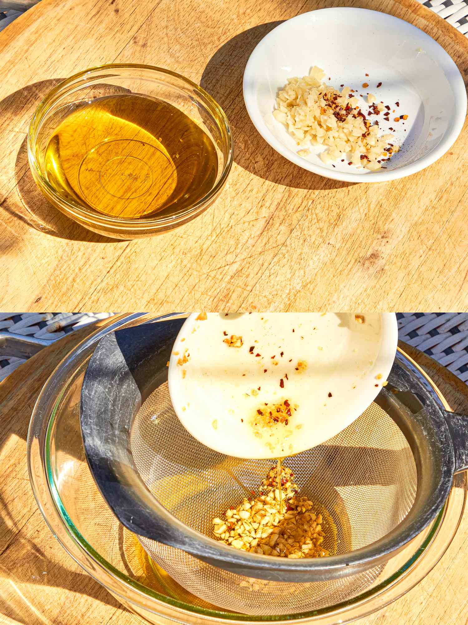 Steps for making seasoned oil with grated ingredients and straining